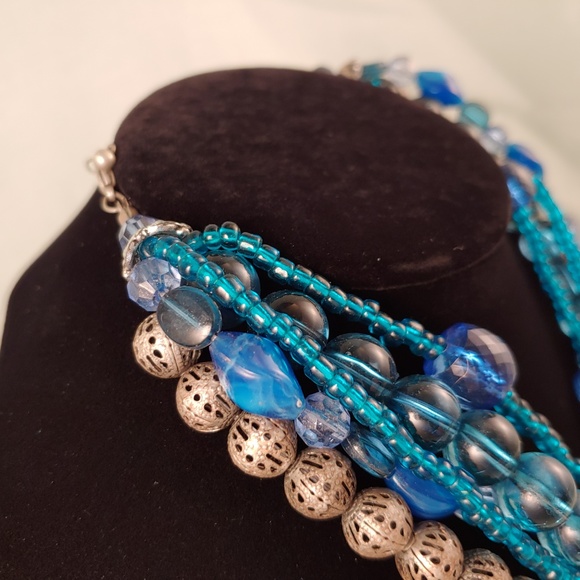 Multi-Strand Layered Beaded Necklace Blue Silver 5 Strands 15"-18" - Picture 3 of 8